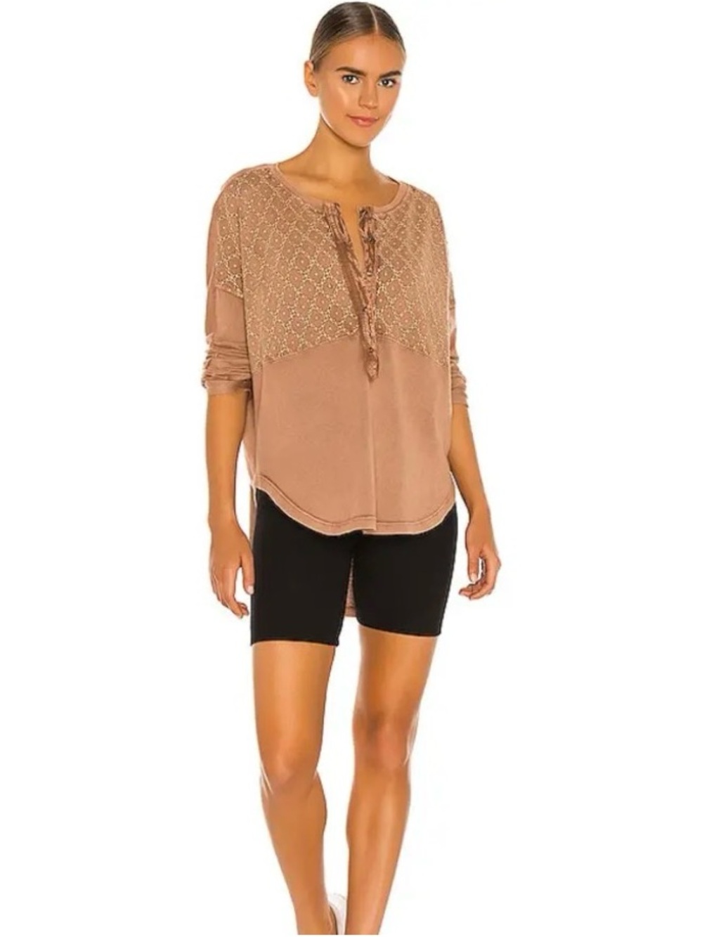 Free People Free Spirit Tee in Brown L Shirttail hem Buttoned cuffs Oversized XL